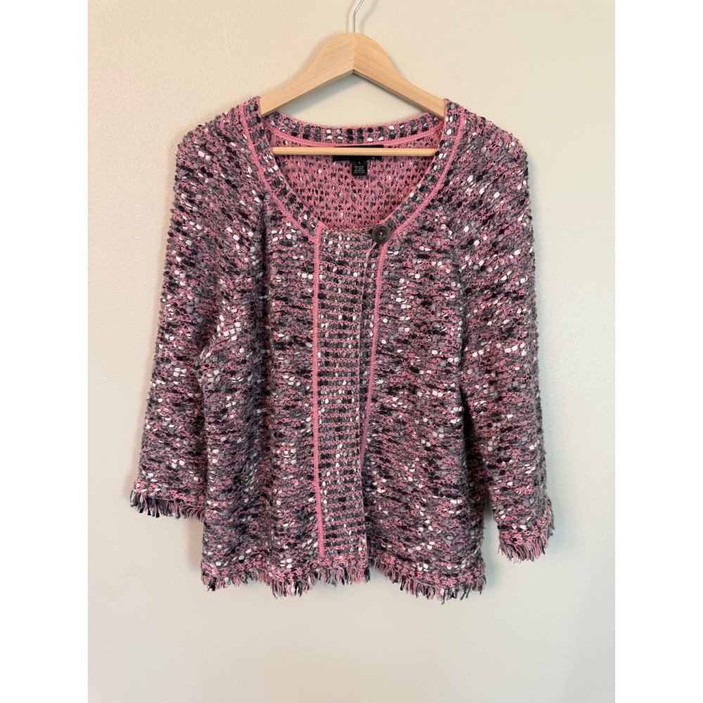 St. John Knits Tweed Fringe Sweater Jacket Pink Gray Wool Mohair Size 10